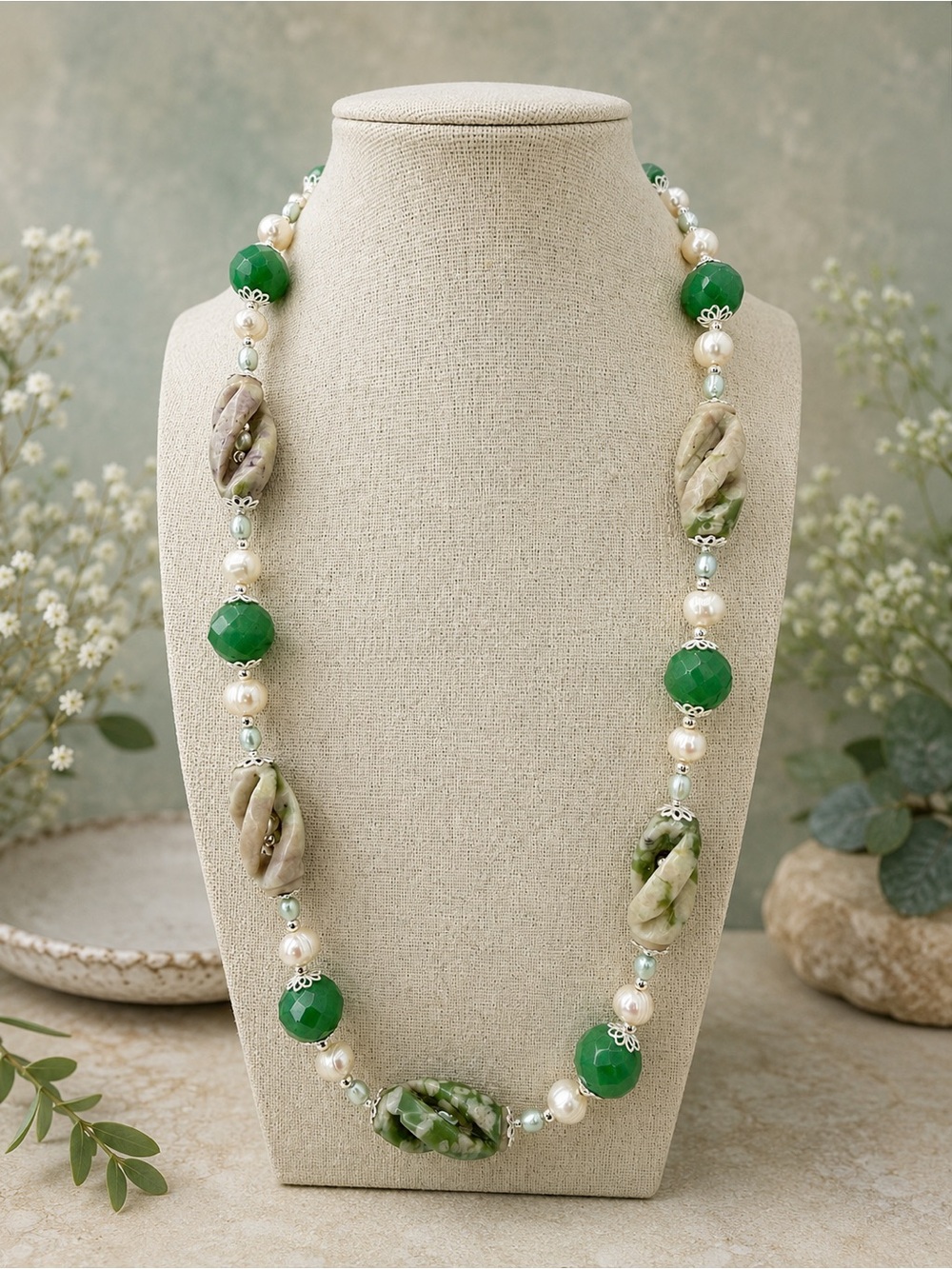 925 Artisan Tree Agate Jade Pearl Necklace Sterling Silver 22”  One Of A Kind